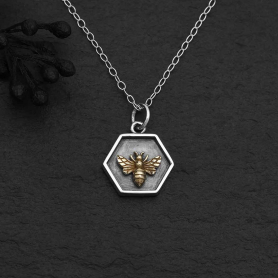 Sterling Silver 18 Inch Hexagon and Bronze Bee Necklace