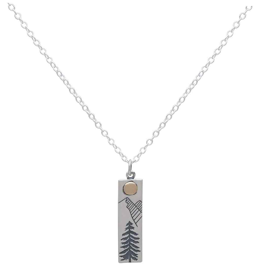 Sterling Silver 18 Inch Rectangle Pine Tree Charm Necklace