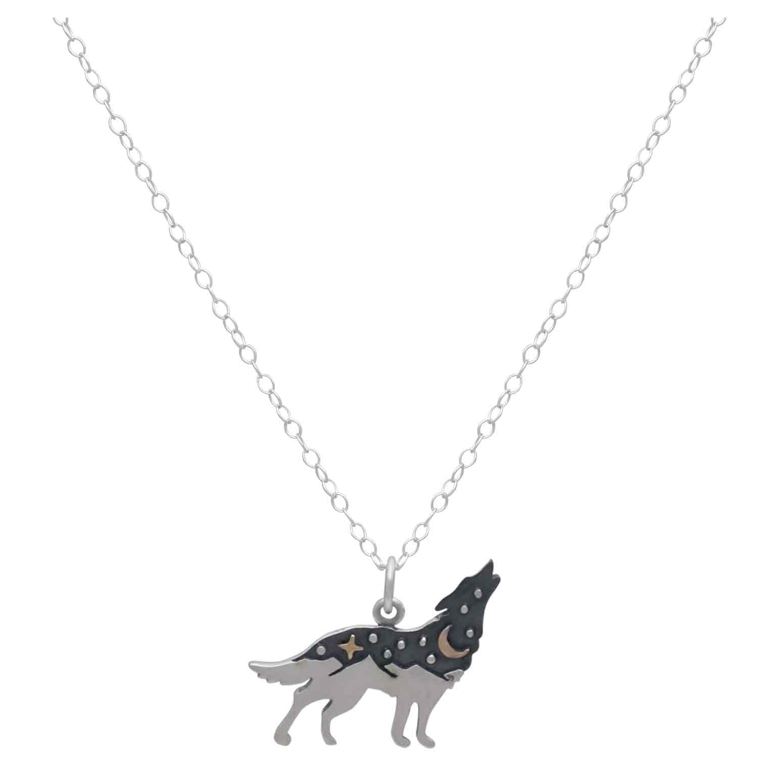Sterling Silver Wolf Necklace with Bronze 18 Inch
