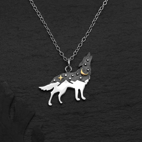 Sterling Silver Wolf Necklace with Bronze 18 Inch