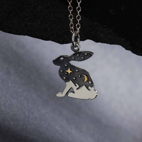 Sterling Silver Rabbit Necklace with Bronze Star and Moon