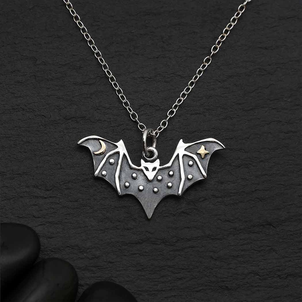Sterling Silver Whitby Jet Small Side Bat Necklace