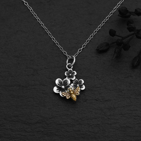 Sterling Silver Cherry Blossom Necklace with Bronze Bee