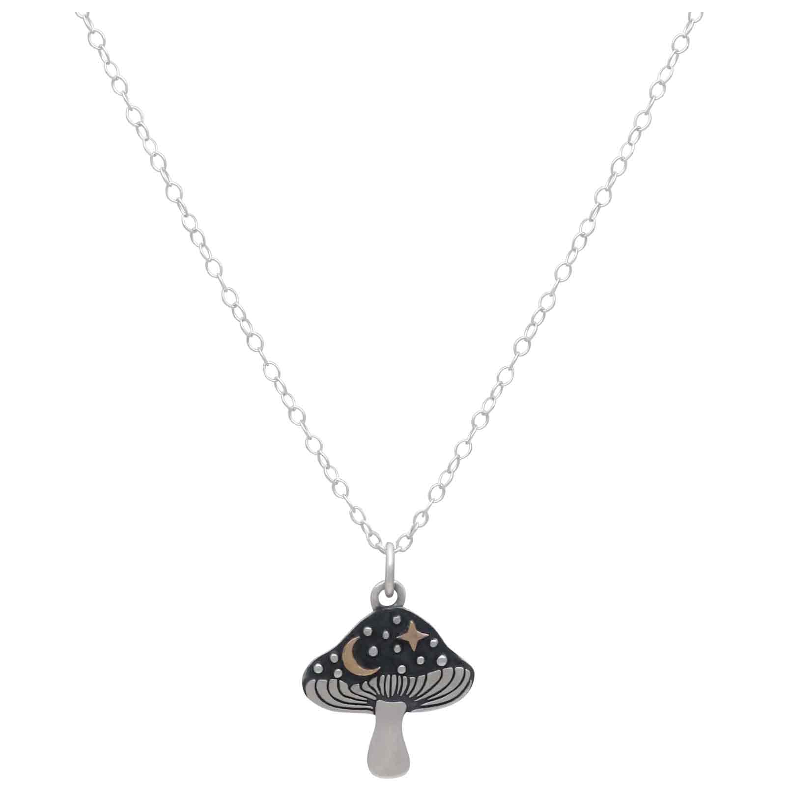 Sterling Silver Mushroom Necklace with Bronze Star and Moon