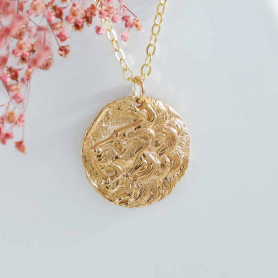 Bronze Lion Head Coin Necklace with Gold Fill Chain