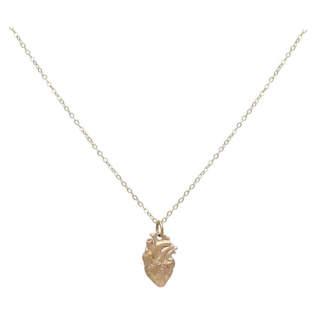 Bronze Anatomical Heart Necklace with Gold Fill Chain Front View