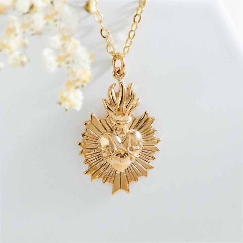 Bronze Flaming Sacred Heart Necklace with Gold Fill Chain