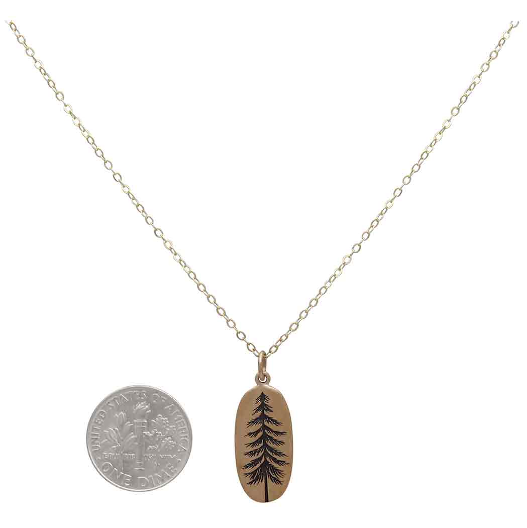 Bronze Pine Tree Necklace with Gold Fill 18 Inch Chain with Dime