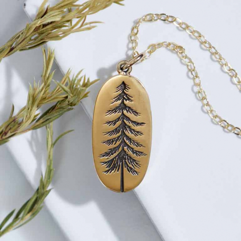 Bronze Pine Tree Necklace with Gold Fill 18 Inch Chain