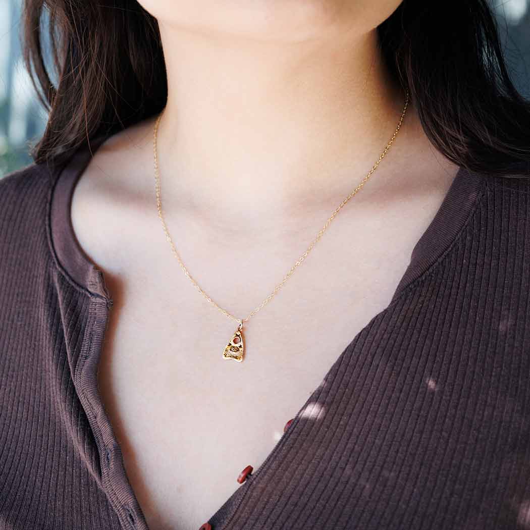 Bronze Ouija Planchette Necklace on Neck