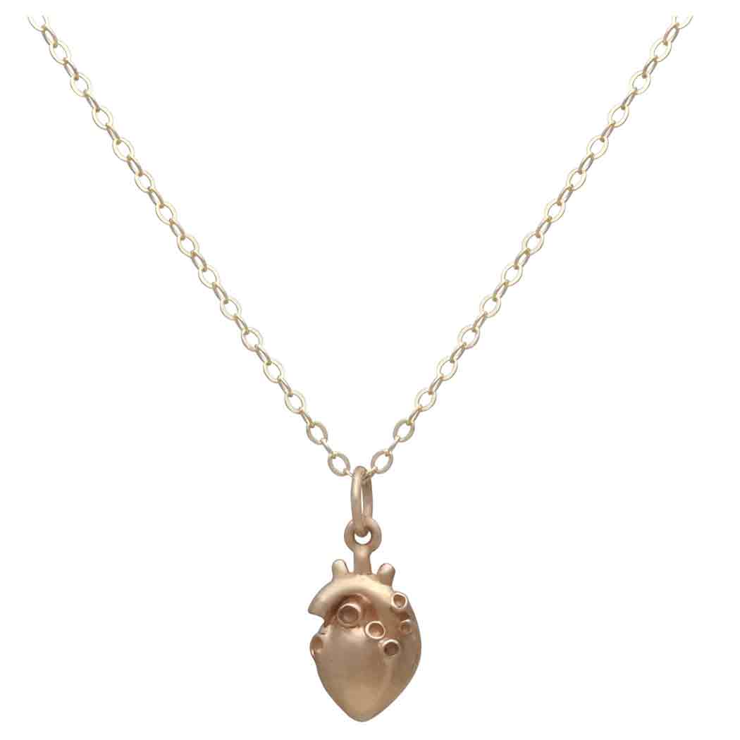 Bronze 3D Anatomical Heart Necklace with Gold Fill Chain Front View Front View