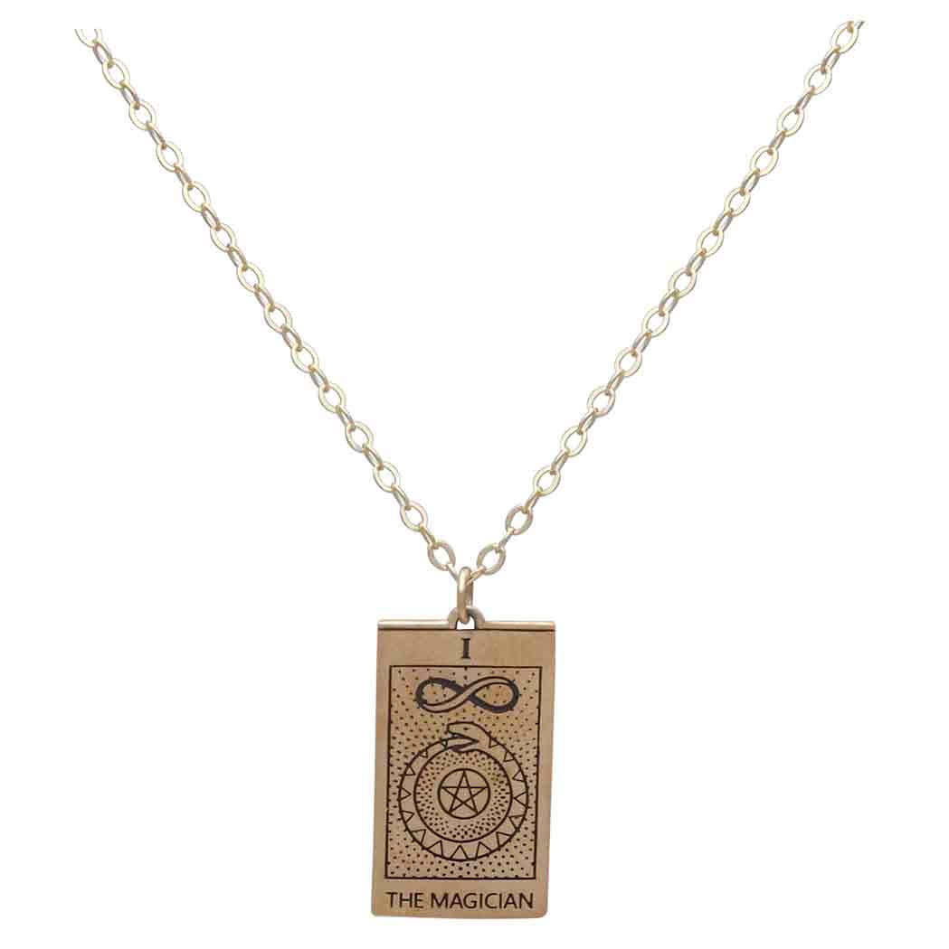 Bronze Magician Tarot Card Necklace with Gold Fill Chain Front View