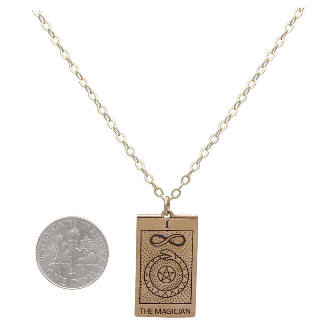 Bronze Magician Tarot Card Necklace with Gold Fill Chain with Dime