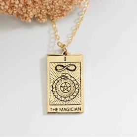 Bronze Magician Tarot Card Necklace with Gold Fill Chain