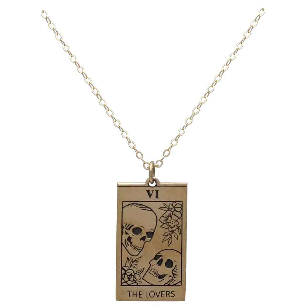 Bronze Lovers Tarot Card Necklace with Gold Fill Chain Front View