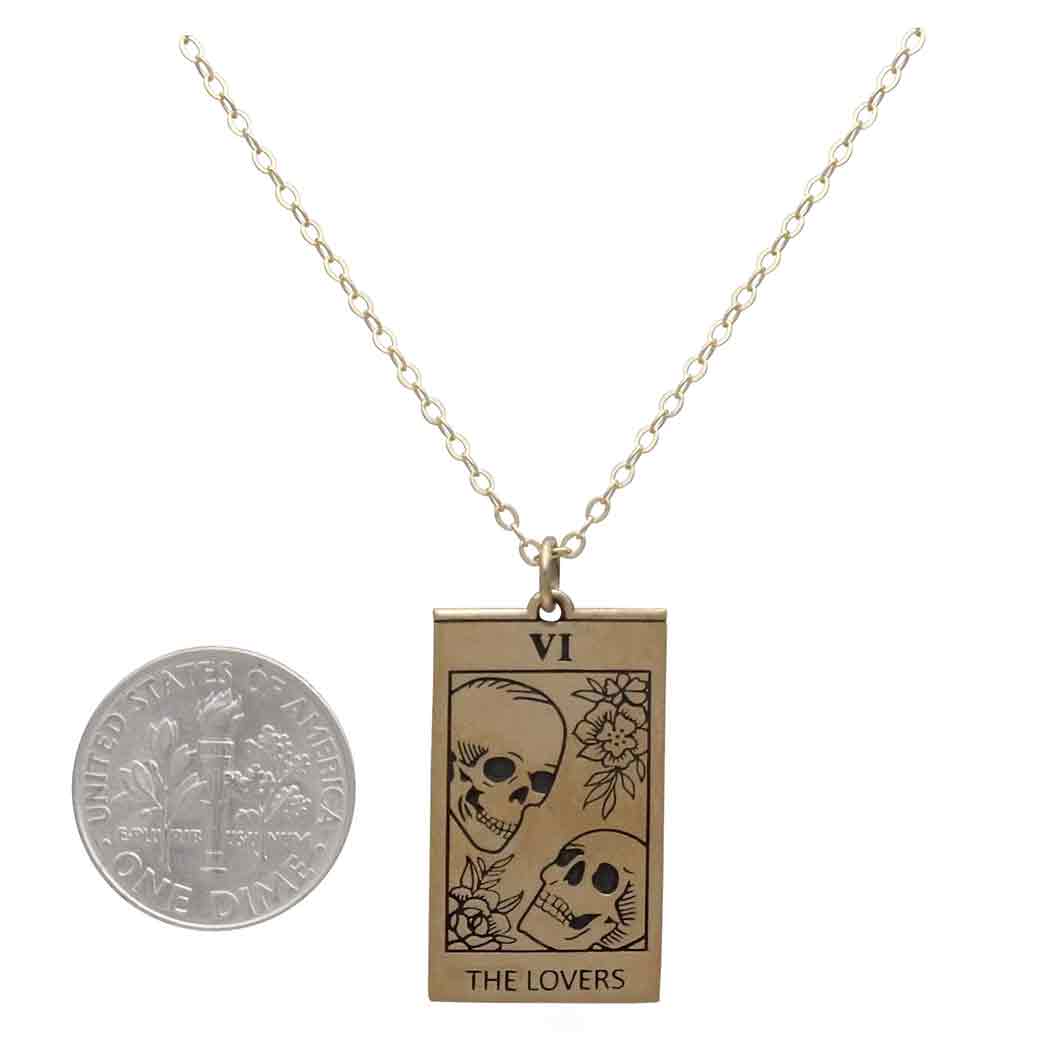 Bronze Lovers Tarot Card Necklace with Gold Fill Chain with Dime