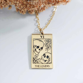 Bronze Lovers Tarot Card Necklace with Gold Fill Chain