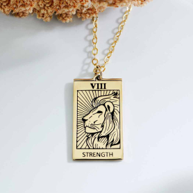 Bronze Strength Tarot Card Necklace with Gold Fill Chain