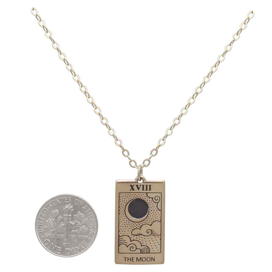 Bronze Moon Tarot Card Necklace with Gold Fill Chain with Dime