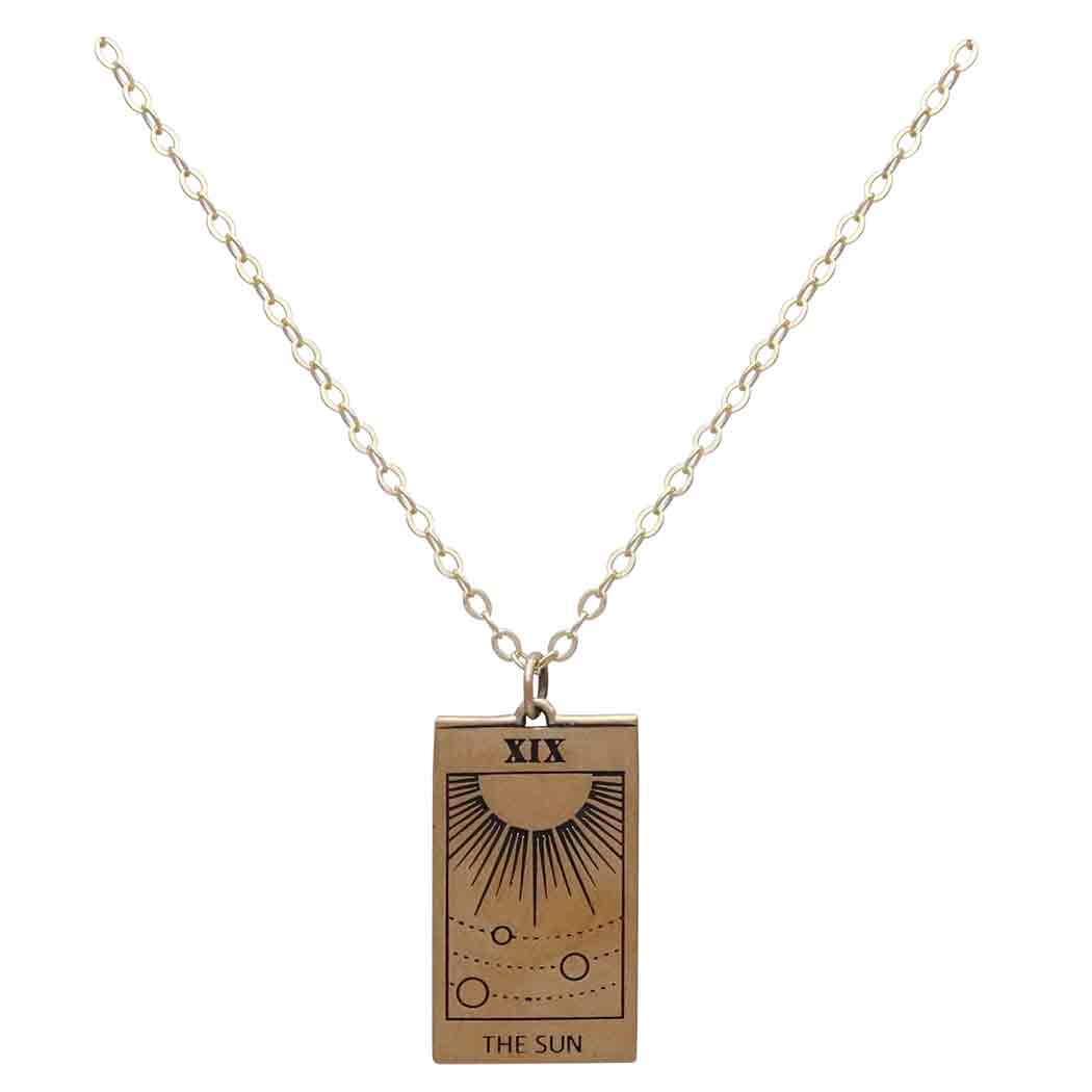 Bronze Sun Tarot Card Necklace with Gold Fill Chain Front View