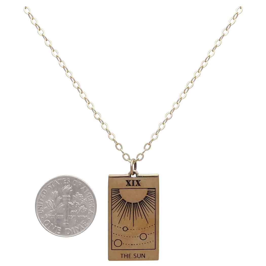 Bronze Sun Tarot Card Necklace with Gold Fill Chain with Dime