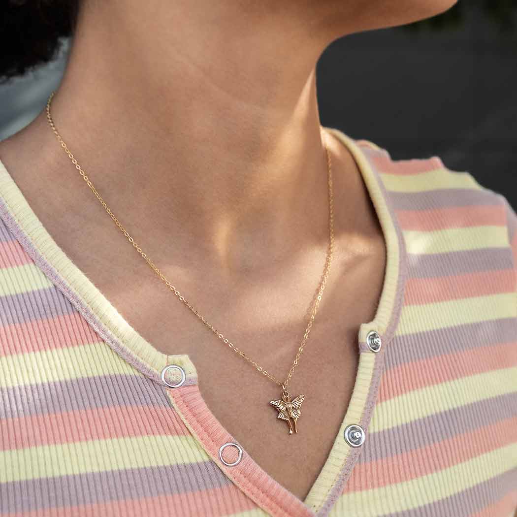Bronze Luna Moth Necklace on neck