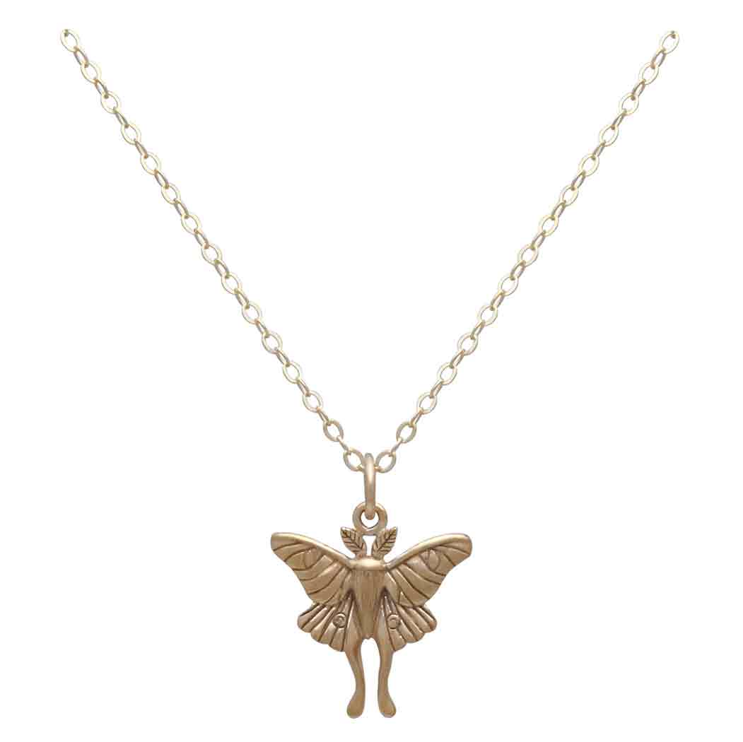 Bronze Luna Moth Necklace with Gold Fill Chain Front View