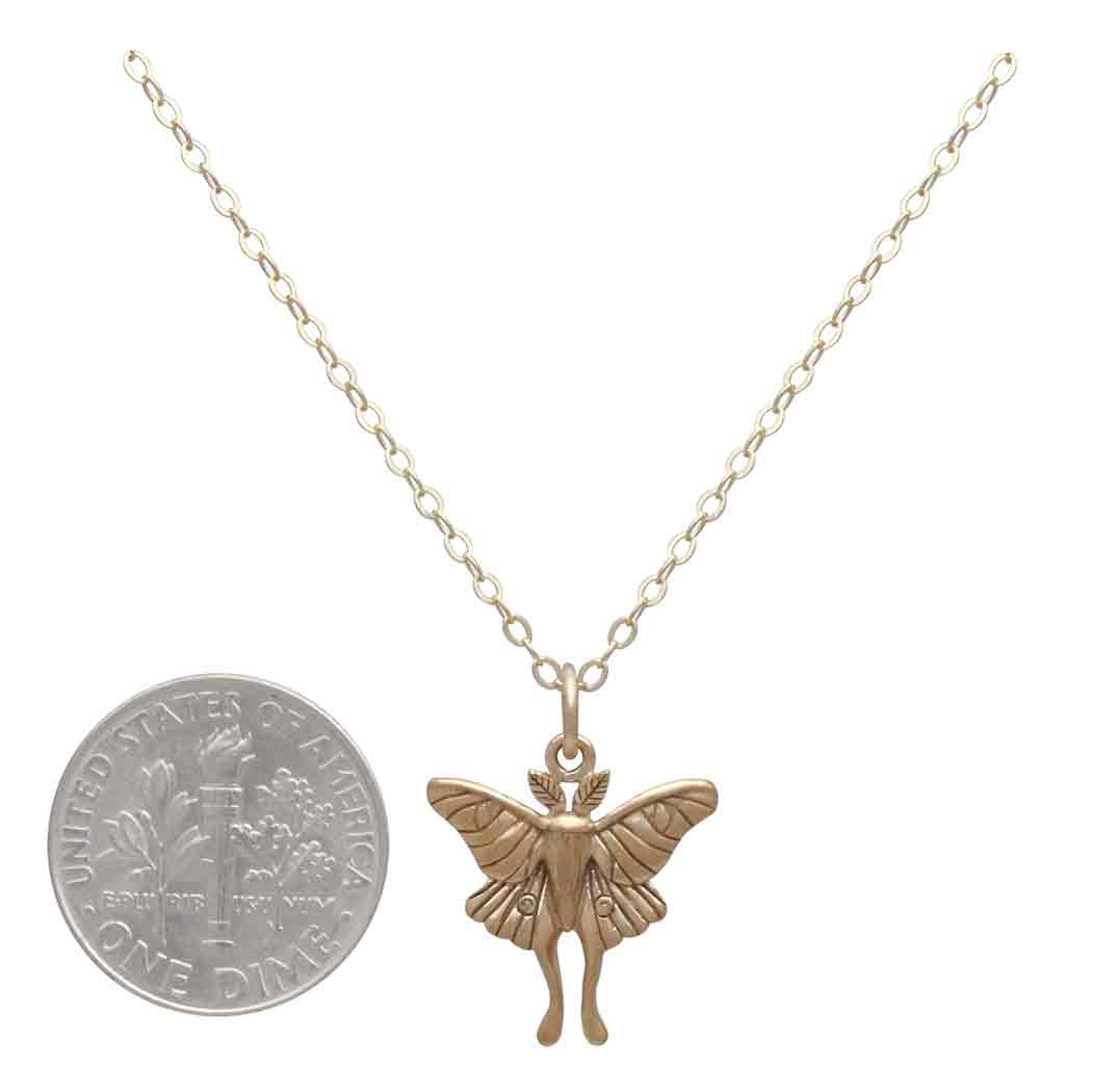 Bronze Luna Moth Necklace with Gold Fill Chain with Dime