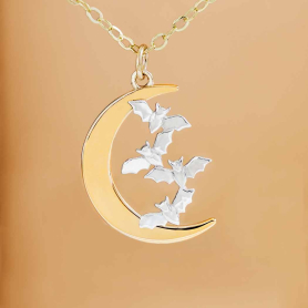 Bronze Moon Necklace with Bats on Gold Fill Chain