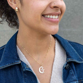 Bronze Moon Necklace with Bats on Gold Fill Chain on neck
