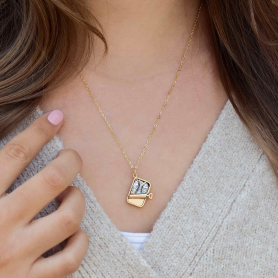 Mixed Metal Sardine Can Necklace with Gold Fill Chain on model