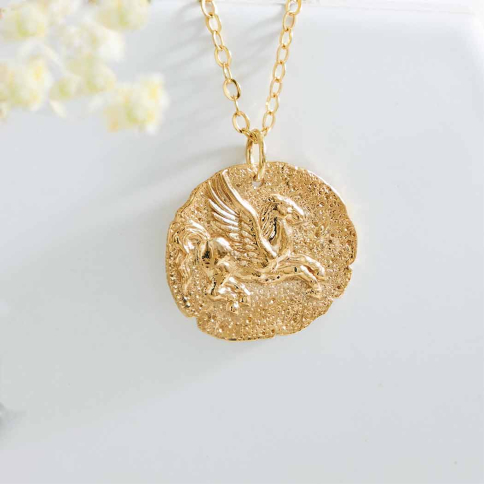 Bronze Pegasus Coin Necklace with Gold Fill Chai