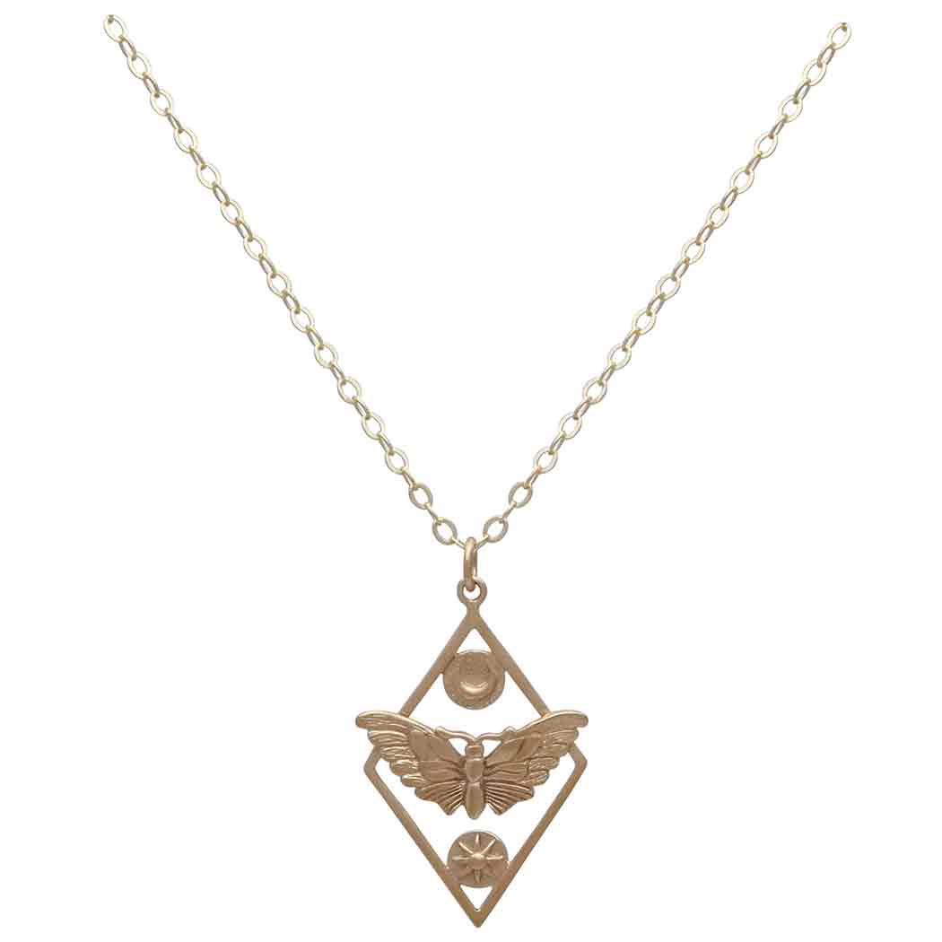 Bronze Geometric Moth Necklace with Gold Fill Chain Front View