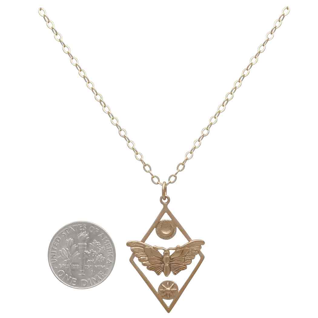 Bronze Geometric Moth Necklace with Gold Fill Chain with Dime
