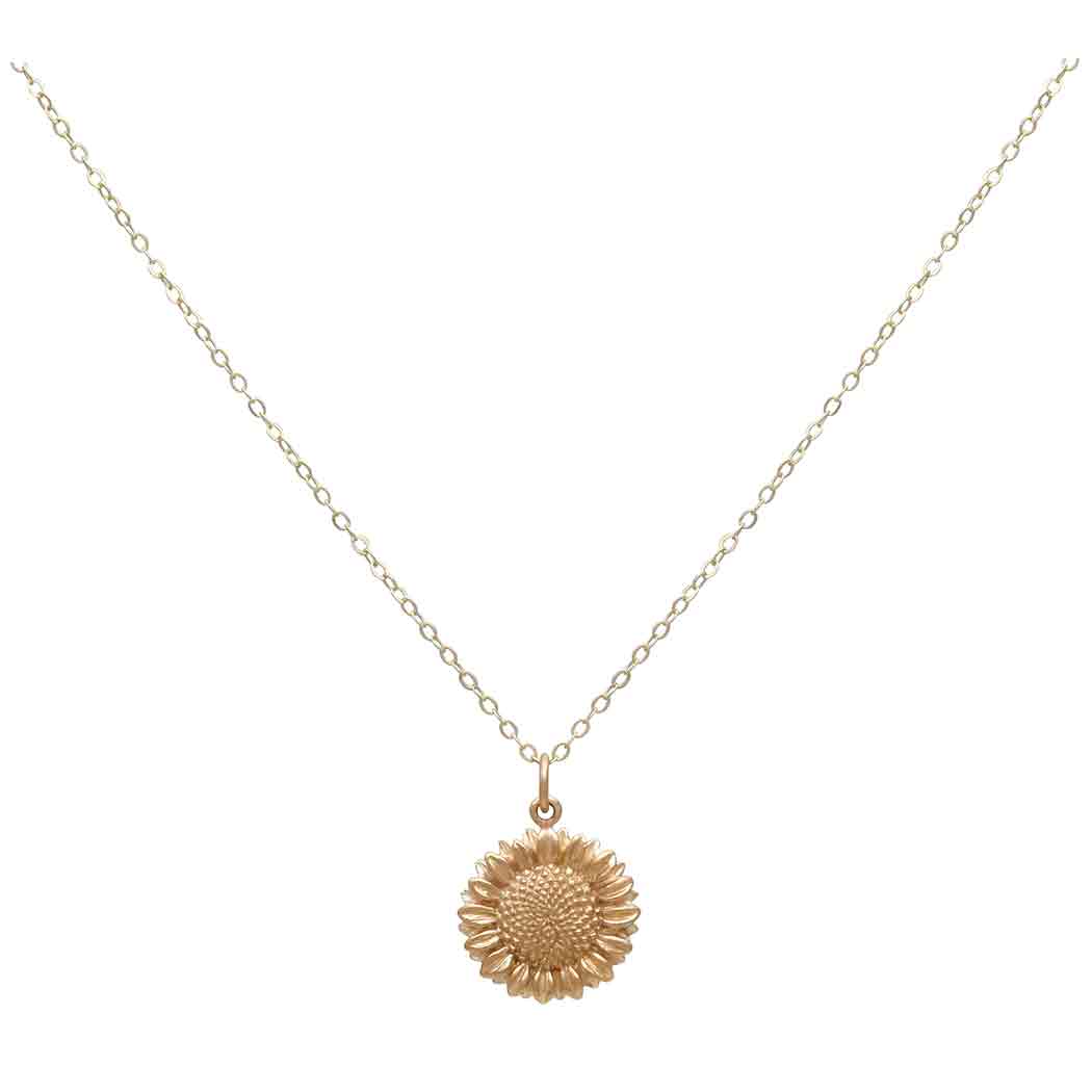 Bronze Sunflower Necklace with Gold Fill 18 Inch Chain Front View