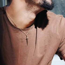 Bronze Sword Necklace with Gold Fill Chain on neck