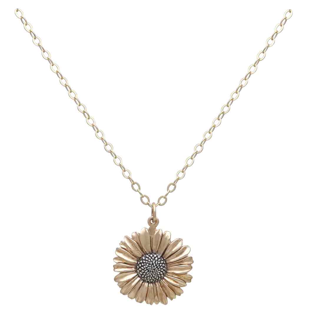 Bronze and Silver Daisy Necklace with Gold Fill Chain Front View