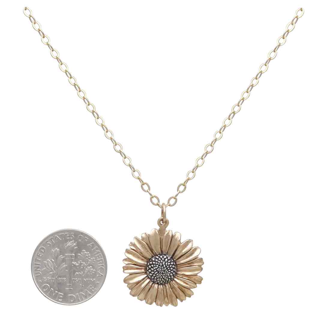 Bronze and Silver Daisy Necklace with Gold Fill Chain with Dime