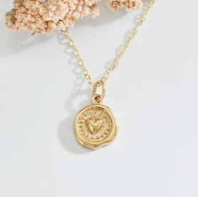 Bronze Wax Seal Heart Necklace with Gold Fill Chain