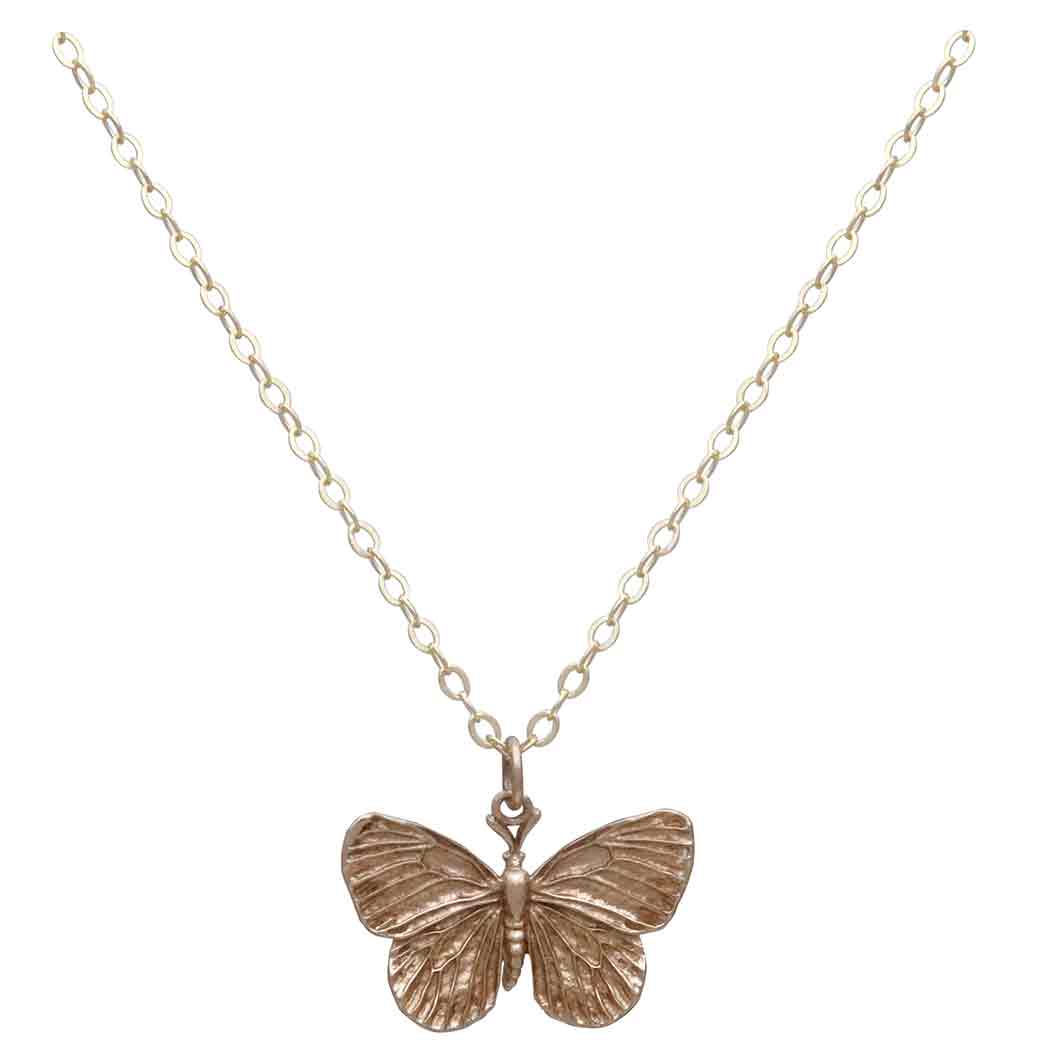 Bronze Dimensional Butterfly Necklace with Gold Fill Chain Front View