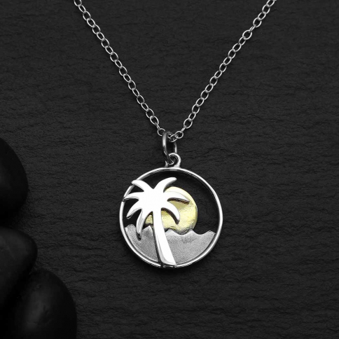 Sterling Silver 18 Inch Palm Tree Necklace with Bronze Sun