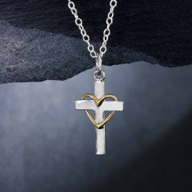 Sterling Silver 18 Inch Cross Necklace with Bronze Heart