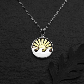 Sterling Silver 18 Inch Wave Necklace with Bronze Sun