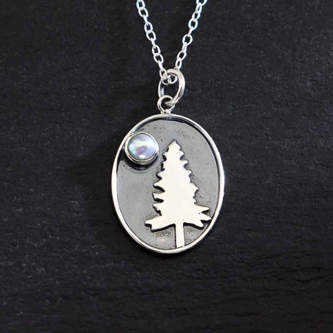 Sterling Silver Tree with Pearl Moon 18 Inch Necklace