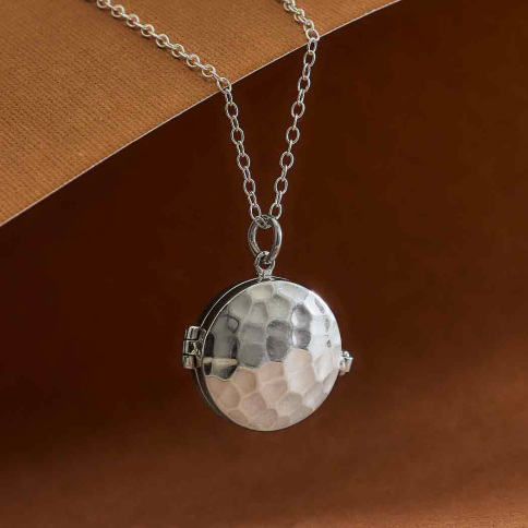 Sterling Silver Circle Locket Necklace with Hammer Finish