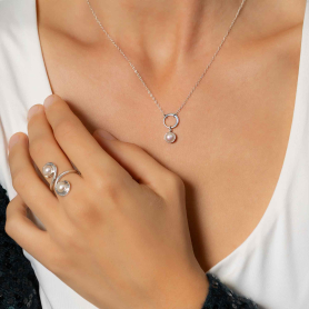 Sterling Silver Half Hammered Circle Link Necklace and Pearl on model