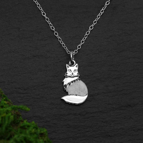 Sterling Silver Fluffy Cat Necklace 18 Inch