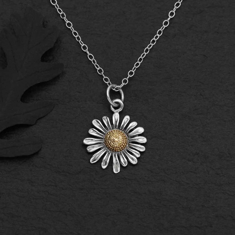 Sterling Silver 18 Inch Daisy Necklace with Bronze Center