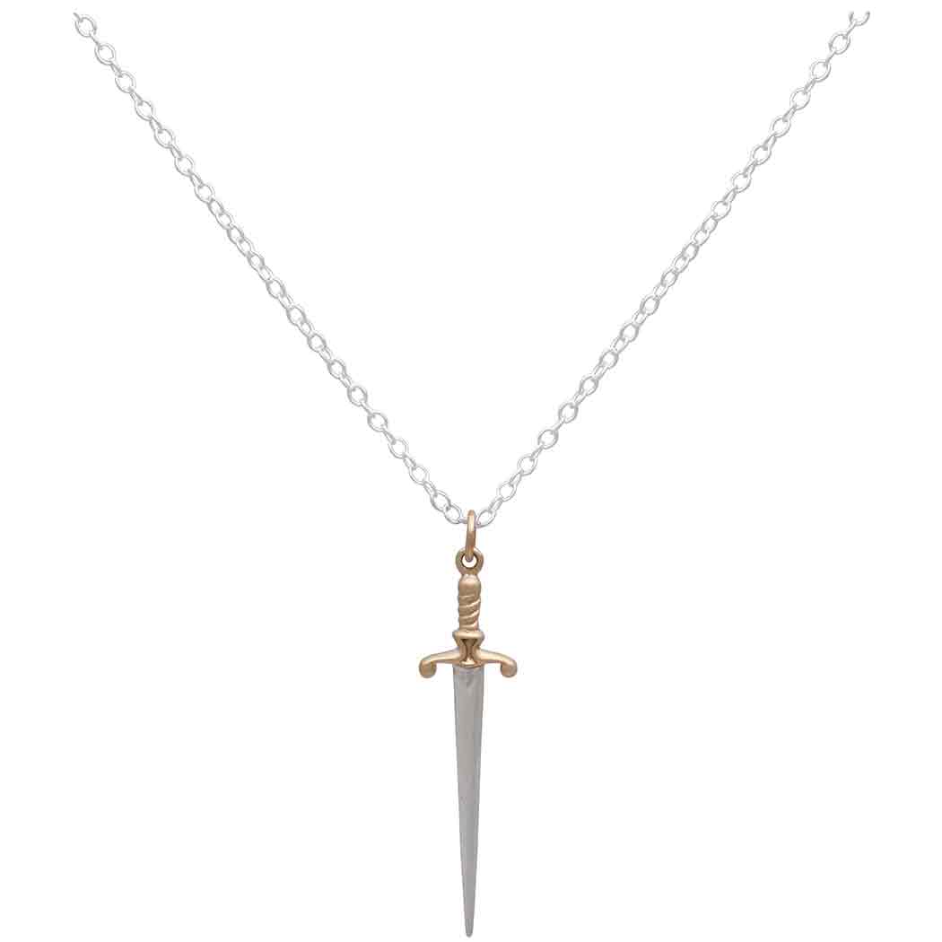 Sterling Silver Sword Necklace with Bronze Handle 18 Inch