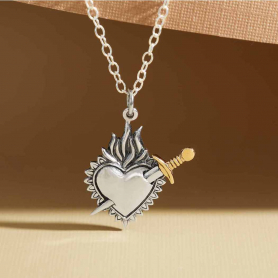 Mixed Metal Flaming Heart and Sword Necklace 18 Inch